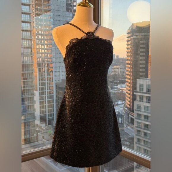 🆕 SELF-PORTRAIT 🧿 NWOT Black Tinsel Boucle Halter Mini Dress, Sz UK 10 US 6 - Picture 4 of 16